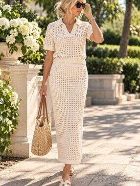 Willow & Wind Cream Knit 2-Piece Skirt Set Open Knit Polo Midi